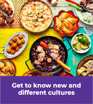 Comida brasileira, escrito Get to know new and different cultures