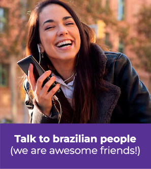 Pessoa conversando no telefone, escrito Talk to brazilian people